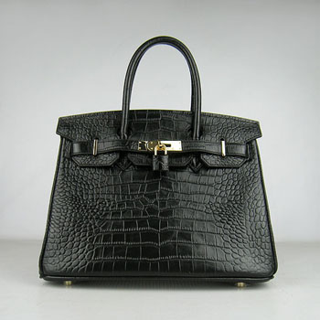 Hermes Birkin 30Cm Crocodile Stripe Handbags Black Gold